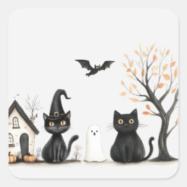 Adesivo Quadrado Festa de Halloween dos Gatos Pretos Fofos