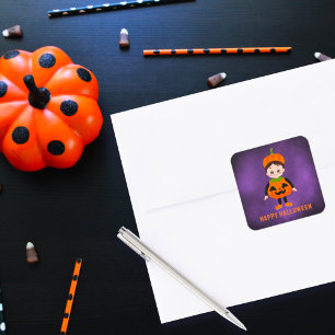 Adesivo Quadrado Festa de Halloween Simpática para Crianças Abóbora