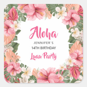Adesivo Quadrado Festa de Luau Havaiano Tropical Hibiscus Aloha