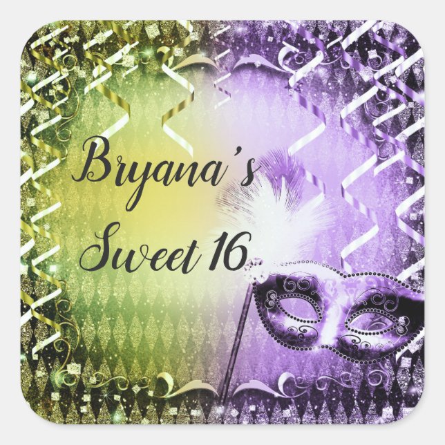 Adesivo Quadrado Festa de Máscara Mascarada Verde e Puro Mardi Gras (Frente)