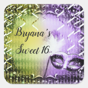 Adesivo Quadrado Festa de Máscara Mascarada Verde e Puro Mardi Gras