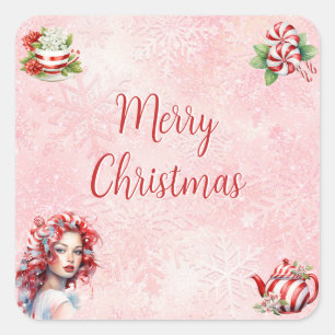 Adesivo Quadrado Festa de Natal com Chá de Peppermint Rosa Floco de