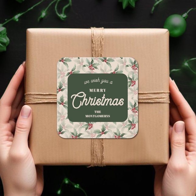 Adesivo Quadrado Festa de Natal com Mirtilo Caseiro Comida Feriado  (We Wish you a Merry Christmas holly and berries homemade food holiday baking square stickers)