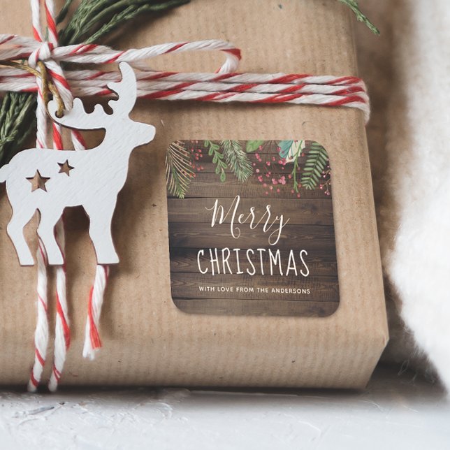 Adesivo Quadrado Festa de Natal Rustic Wood Holly & Pine (The Square Sticker Mock-up)