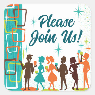 Adesivo Quadrado Festa de Noivado com Drinks Modernos de Meados do 