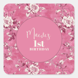 Adesivo Quadrado Festa de primeiro aniversario de Chinoiserie Rosa 