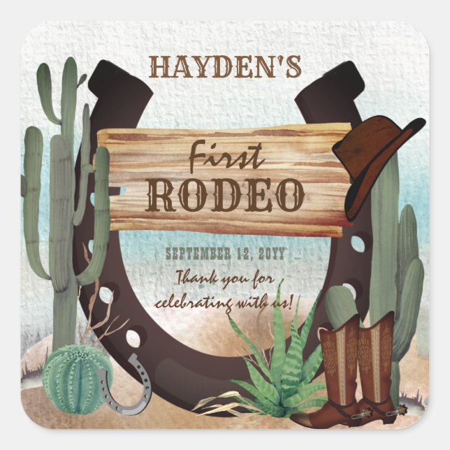Adesivo Quadrado Festa de primeiro aniversario Rodeo Cowboy Ocident (Frente)