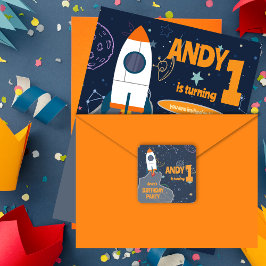 Adesivo Quadrado Festa de Um Aniversário Neutra em Gênero no Espaço