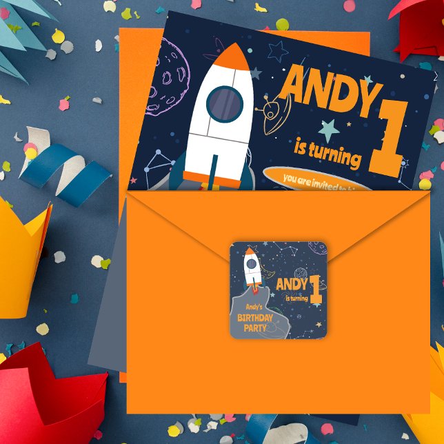 Adesivo Quadrado Festa de Um Ano de Espaço Exterior Neutro em Gêner (Gender Neutral Outer Space First Birthday Party Square Sticker)