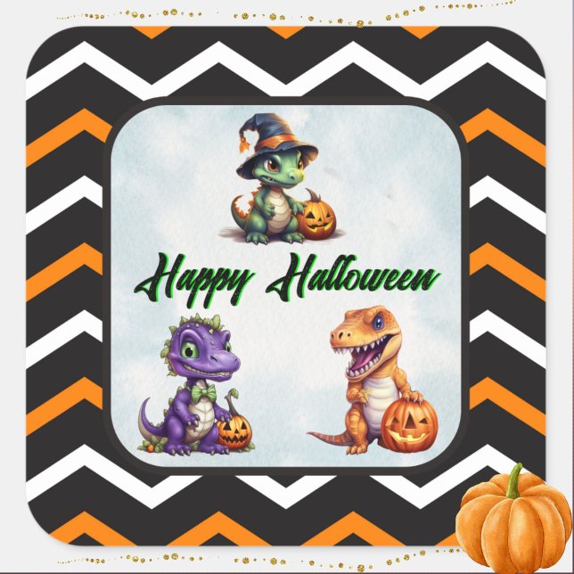 Adesivo Quadrado Festa Dino-Mash do Dinossaur do Halloween (Dino Happy Halloween Sticker)