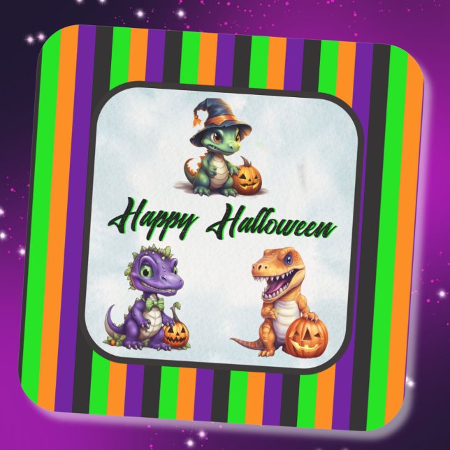 Adesivo Quadrado Festa Dino-Mash do Dinossaur do Halloween (Dinosaur Halloween Stickers with 3 dinos!)