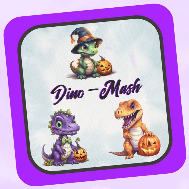 Adesivo Quadrado Festa Dino-Mash do Dinossaur do Halloween (Triple DIno, Dino-Mash stickers for Halloween with Purple trim)