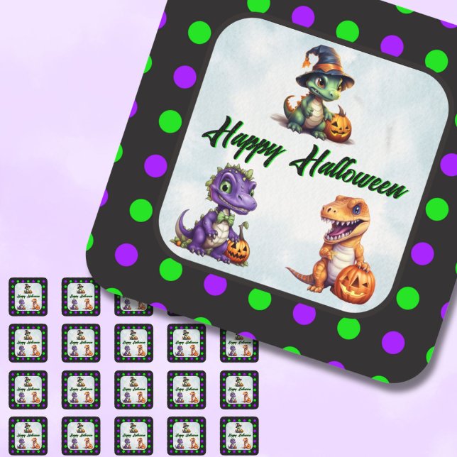 Adesivo Quadrado Festa Dino-Mash do Dinossaur do Halloween (Polka Dot Dino Halloween Stickers)