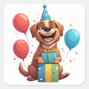 Adesivo Quadrado 🎈 Festa do Cachorrinho Feliz Com Balões e Present