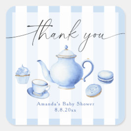 Adesivo Quadrado Festa do Chá Azul Baby Shower Obrigado