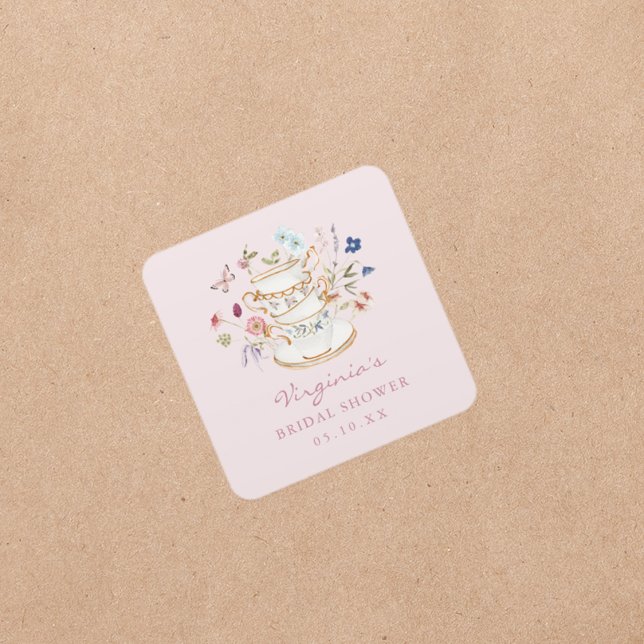 Adesivo Quadrado Festa do Chá Rosa (Pink Tea Party Square Sticker by Painted Paperie
)
