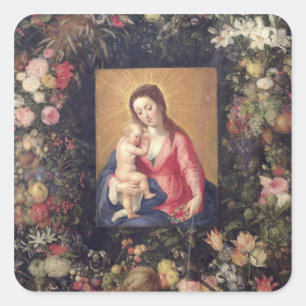 Adesivo Quadrado Festão da fruta e das flores com Virgin e crianç