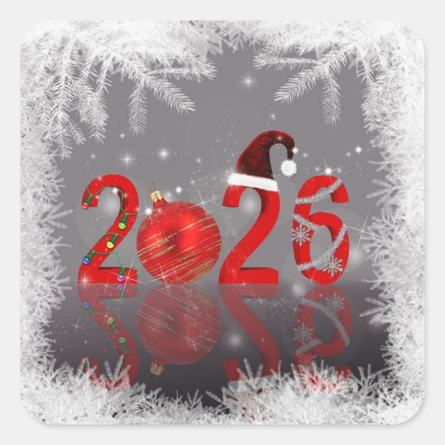 Adesivo Quadrado Festive 2026 Red Merry Christmas New Year (Frente)