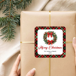 Adesivo Quadrado Festive Christmas Wreath Red Green Plaid Labels