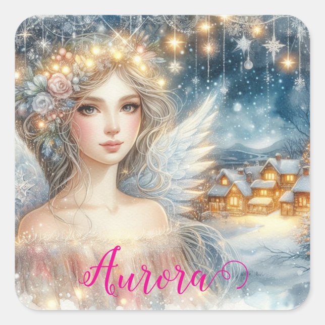 Adesivo Quadrado Festive Gold Watercolor Ethereal Frost Snow Angel (Frente)
