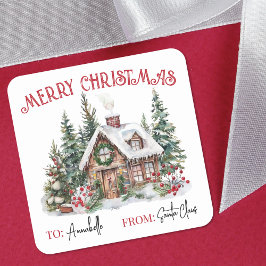 Adesivo Quadrado Festive Watercolor Christmas Gift Tag Sticker