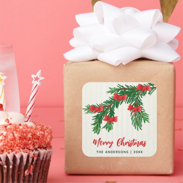 Adesivo Quadrado Festive Watercolor Greenery Red Bow Christmas (Festa)
