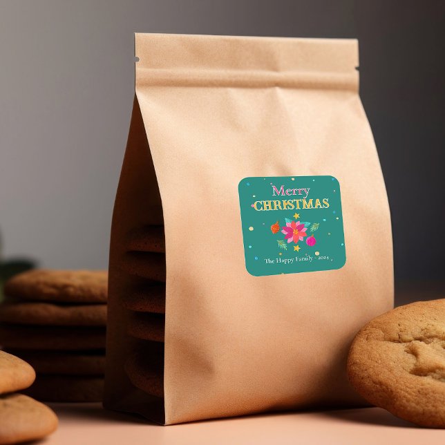 Adesivo Quadrado Festivo Festivo Verde Rosa Natal (Festive Merry Christmas Sticker - Easy to personalize.)