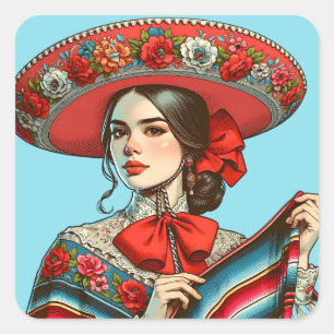 Adesivo Quadrado Festivo Fiesta Mujer Mariachi Partido Favor