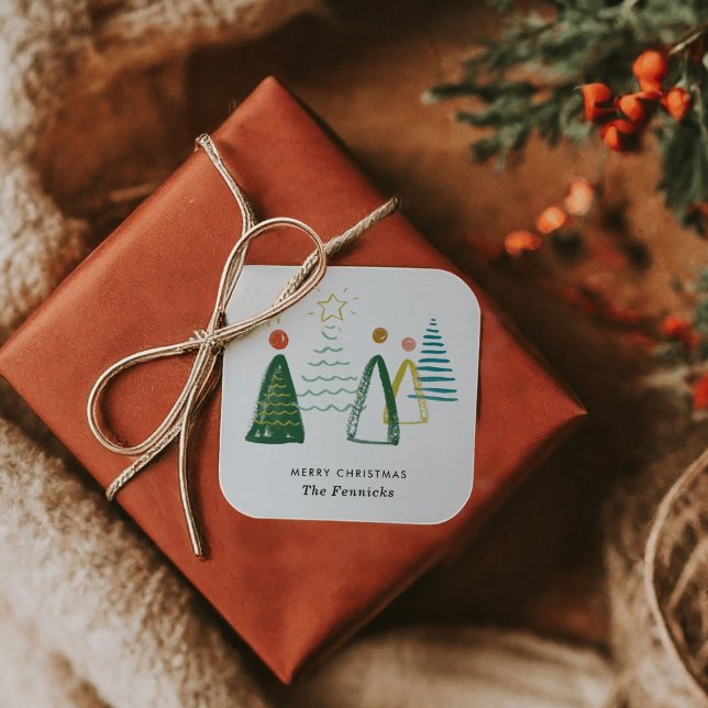 Adesivo Quadrado Festivo Moderno Aquarela Feriado de Natal (Classic Festive Colors Simple Modern Watercolor Christmas Trees Holiday Stickers)