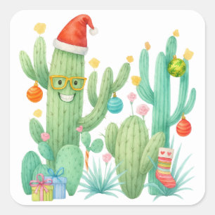 Adesivo Quadrado Festivo Natal Cactus com Papai Noel e Ornamento