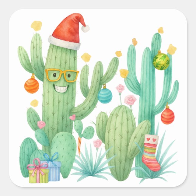 Adesivo Quadrado Festivo Natal Cactus com Papai Noel e Ornamento (Frente)