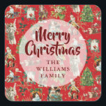 Adesivo Quadrado Festivo Red Vintage Felry Christmas Family Name<br><div class="desc">A maneira perfeita de celebrar o seu Natal com estes autocolantes vermelhos festivos. Projetado por Thisnotme©</div>