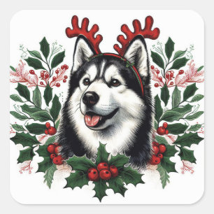 Adesivo Quadrado Festivo Reindeer Siberian Husky Dog Natal