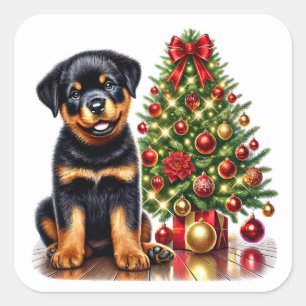 Adesivo Quadrado Festivo Rottweiler Puppy por uma árvore de Natal