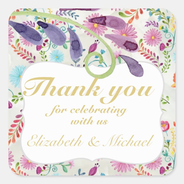 Adesivo Quadrado Fiesta Folk Art Watercolor Flowers Purple OBRIGADO (Frente)