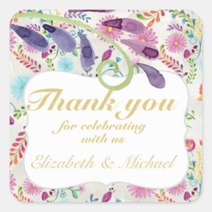 Adesivo Quadrado Fiesta Folk Art Watercolor Flowers Purple OBRIGADO