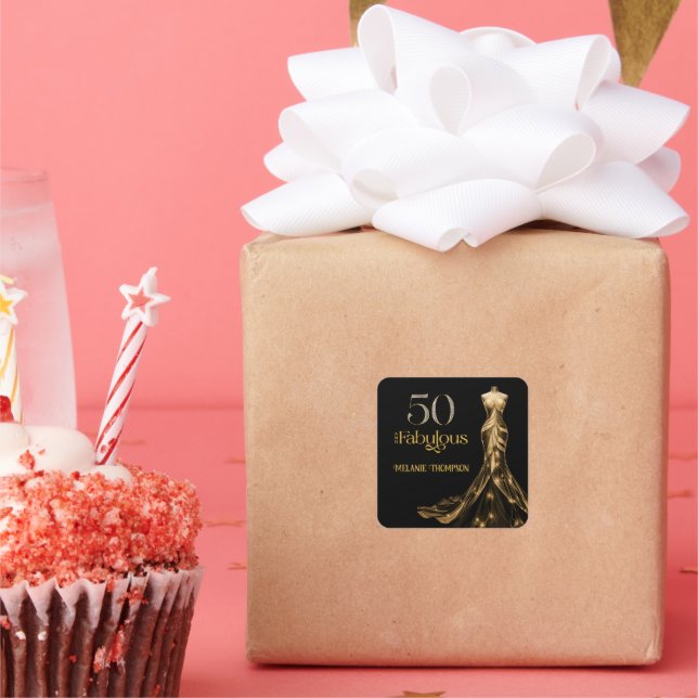 Adesivo Quadrado Fifty and Fabulous Gold Dress Black 50th Birthday (Festa)