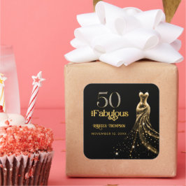 Adesivo Quadrado Fifty and Fabulous Gold Dress Black 50th Birthday