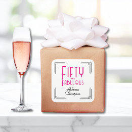 Adesivo Quadrado Fifty and Fabulous Hot Pink Art Deco 50th Birthday