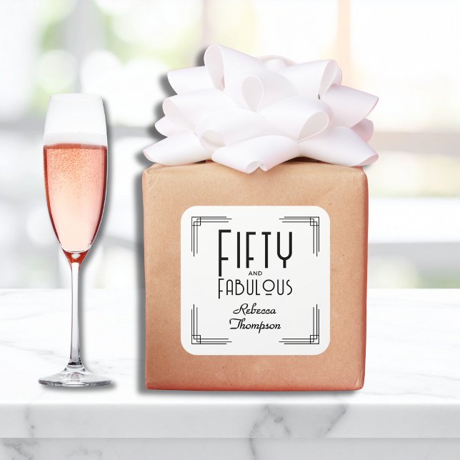 Adesivo Quadrado Fifty Fabulous Black White Art Deco 50th Birthday (Fifty and Fabulous Black and White Art Deco 50th Birthday Square Sticker with Her Name.)