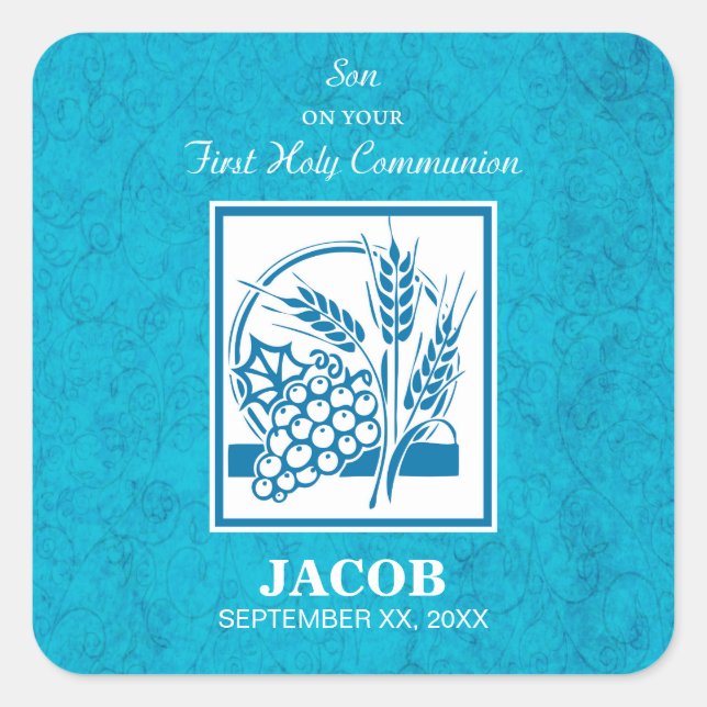 Adesivo Quadrado Filho, Primeira Comunhão, Trigo, Uva Azul (Frente)