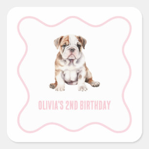 Adesivo Quadrado Filhote bulldog préppy xadrez rosa aniversário