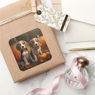 Adesivo Quadrado Filhote de Beagle Delícia de Outono Abóbora 