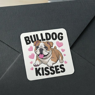 Adesivo Quadrado Filhote de Bulldog Fofo Beija Coração Rosa Amor Ca