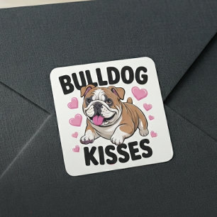 Adesivo Quadrado Filhote de Bulldog Fofo Beijos Coração Rosa Amor C