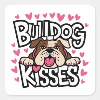 Adesivo Quadrado Filhote de Bulldog Inglês Corações Rosa Beijos Amo