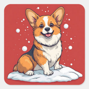 Adesivo Quadrado Filhote de Corgi Fofo Sentado em Cena de Natal com