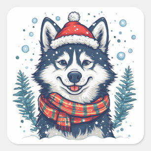 Adesivo Quadrado Filhote de Husky Fofo Vestindo Chapéu de Papai Noe