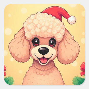 Adesivo Quadrado Filhote de Poodle Fofo em Cena de Natal com Presen