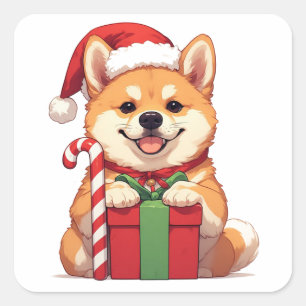 Adesivo Quadrado Filhote de Shiba Inu segurando presente de Natal n